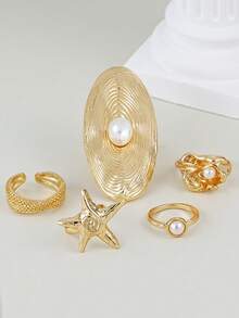 Bộ 5 chiếc nhẫn hình sao biển đính ngọc trai giả, kiểu dáng phóng đại, cá tính, thích hợp cho kỳ nghỉ biển, tiệc tùng và đeo nhiều lớp cùng lúc. - Vàng - Xem 2