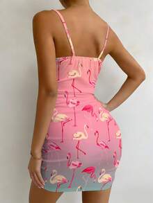 Pink-Cyan Gradient Flamingo Print Women's Spaghetti Strap Mini Dress, Polyester Fabric, Lightweight And Breathable, For Sports & Outdoor, Women's Skirt, Fashion Skirt, Women's Fashion Skirt, Women's Fashion Item - Nhiều màu - Xem 3