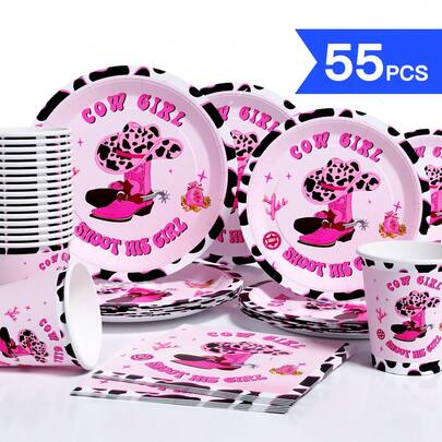 Pink Cowboy Style Disposable Plate, Napkin And Cup Set, Serves 10 Guests, Disposable Paper Plates Party Supplies Suitable For Birthday, Wedding, Party, Family Picnic