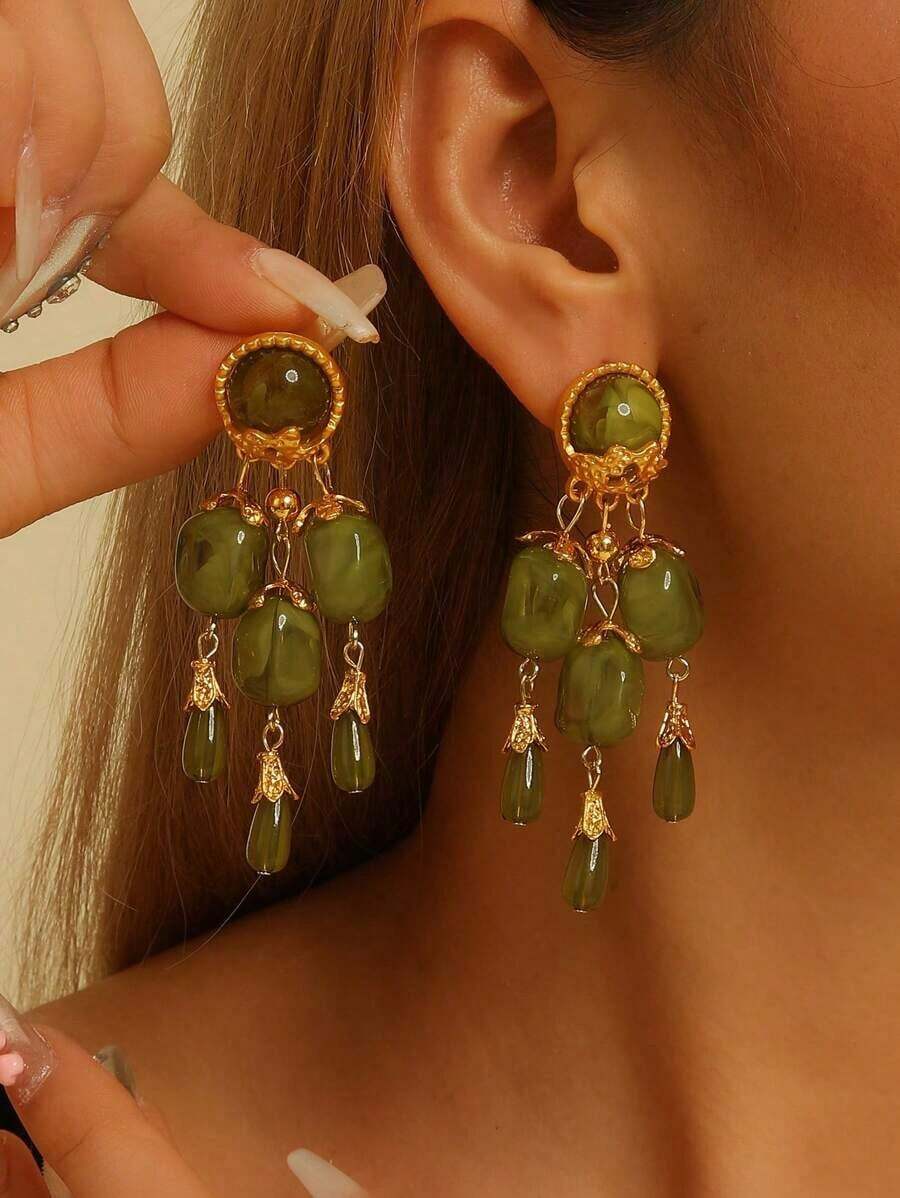 1 Pair Retro Olive Green Palace Style Long Tassel Earrings, Unique Personalized Design, Suitable For Parties And Everyday Wear - 流蘇耳環 - 查看 1