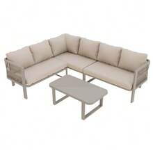 Garden Furniture Set For 6 People, Corner Configuration, Galvanized Steel Tubes, Glass Tabletop, Teslin Rope Weaving, Includes Dining Table, Bench, Chairs And Sofa, Khaki Color. - Khaki - View 7