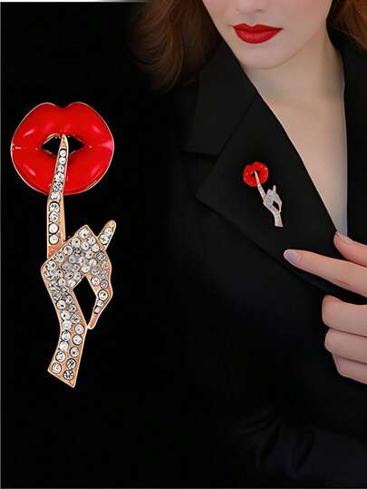 1 chiếc ghim cài áo hình môi nhỏ giọt dầu kiểu Âu và Mỹ, làm bằng hợp kim đính đá, hình bàn tay, phụ kiện cài ve áo cho váy, áo khoác.