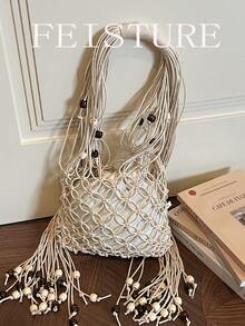 波西米亚风木珠流苏编织网袋 - 女士休闲沙滩度假单肩包 - 白色 - 查看 11
