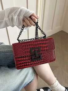 2026新款欧美复古时尚女士斜挎小方包带链条 - 酒紅色 - 查看 3