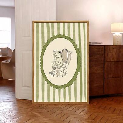 1pc Funny Frog On Toilet Bathroom Wall Art Canvas Paintings Green Striped Vintage Bathroom Decor Humorous Frog Lover Gift Retro Washroom Wall Decor For Bathroom Powder Room Guest Bathroom Frameless