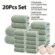 18/20pcs Set Of Bath Towels, Including 2 Towels+6 Hand Towels+10/12 Face Towels+2 Bath Balls, More Absorbent Than Pure - Quick Drying Shower And Swimming Wraps, Couple Style Coral, Soft Plush Jacquard Luxury Bath Towels - 20 hạt đậu xanh - Xem 12