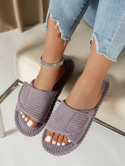 女士绑带魔术贴平底防滑耐磨纯色露趾低跟毛绒人造毛皮拖鞋，舒适家居服