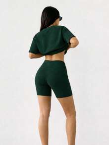 Set playera larga shorts biker dama juvenil fresco cómoda casual informal casa loungewear conjunto básico México - Verde - Ver 4