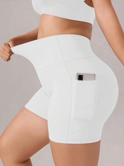 Plus Size Women's Tight Fitting Sports Shorts, High Waist Slimming Lifting Cycling Yoga Shorts With Pockets, Suitable For Fitness Running Workout, Spring/Summer