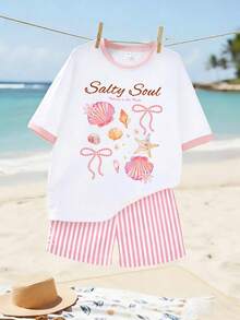 Bộ đồ 2 món cho bé gái tuổi teen, họa tiết đại dương mộng mơ, áo thun rộng in hình vỏ sò và sao biển kết hợp với quần short kẻ sọc, phong cách "Salty Soul", thích hợp cho mùa hè đi biển, đi học và mặc thường ngày. - Hồng - Xem 2