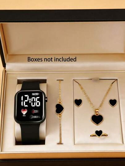 6pcs/Set Women's Casual Minimalist Digital Watch With Matching Heart-Shaped Bracelet, Necklace, Earrings, And Ring, Fashion Versatile, Square Dial, Suitable For Various Occasions, Ideal Gift For Graduation, Mother's Day, Easter And Other Holidays
