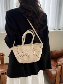 女士大容量绳编包 新款时尚夏季多功能单肩包 沙滩包 海边手提斜挎包 - 彩色 - 查看 4
