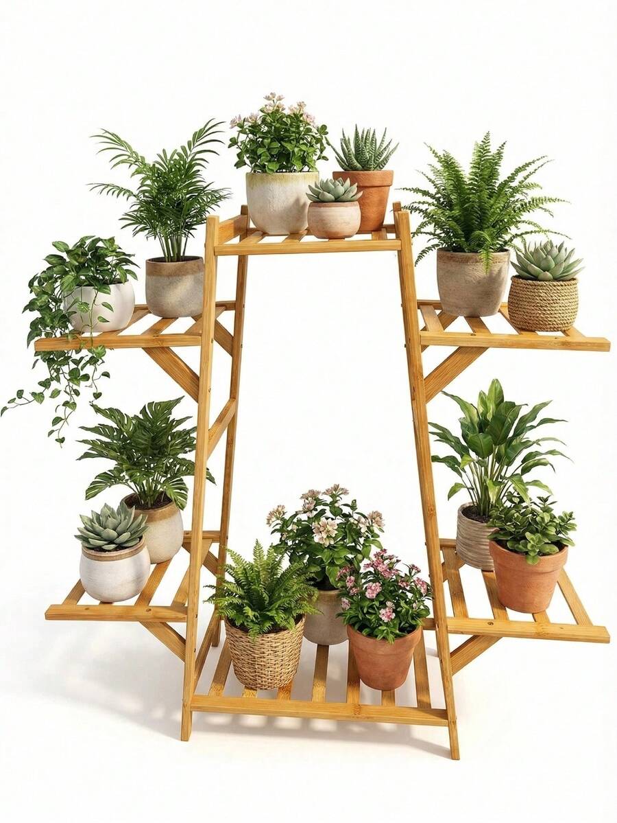 NINOTO Estante para Plantas de Madera de Múltiples Niveles, Soporte para Macetas, Organizador Decorativo para Interior y Exterior, Diseño Estable y Ahorro de Espacio - A - Ver 1