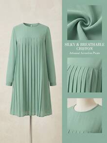 GDfashion Modest Women's Mint Green Pleated Loose-Fit Blouse With Rolled Button Cuff Islamic Casual Half-Sleeve Tunic Top Spring - Green - View 6