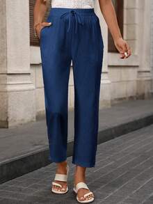 Pantalones rectos de mujer con cintura elástica y encaje, unicolor para primavera - Azul Marino - Ver 4