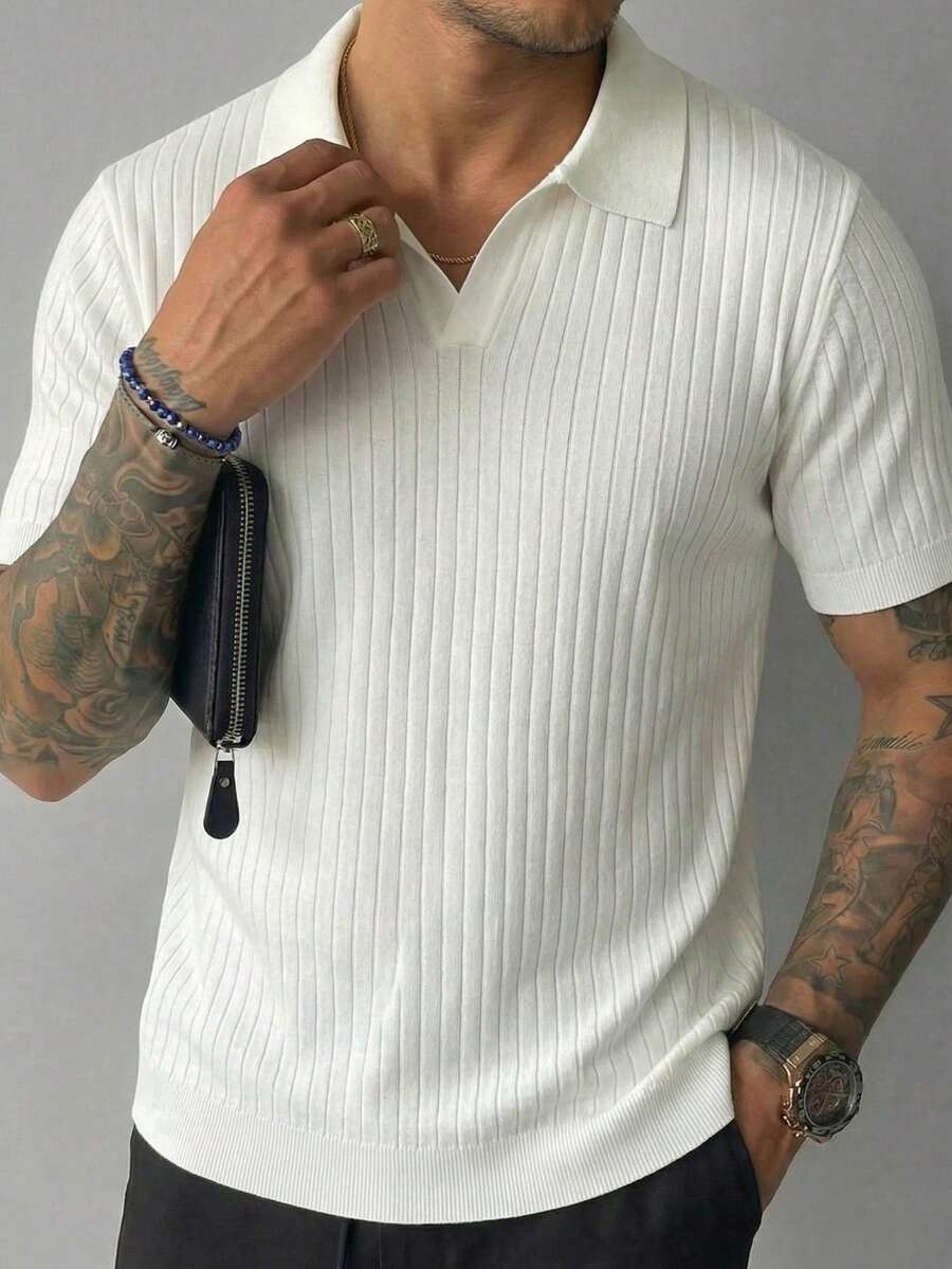 GRDR Men's Summer Knit Sweater, Fashionable Ribbed Solid Color Short Sleeve, Suitable For Casual & Sports - White - View 1