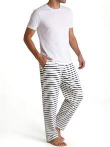 2 piezas Pantalones de pijama de descanso para hombre con rayas y pierna recta, ajuste holgado transpirable con cordón y cintura elástica con bolsillos - Multicolor - Ver 7