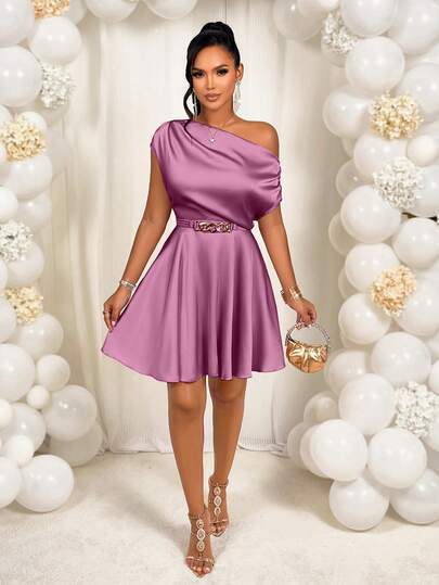 AIJ Amarilo Women's Pink Satin Mini Dress - One Shoulder Ruffle Design With Metal Buckle Belt, Sexy And Elegant Wedding Guest Outfit Party Summer