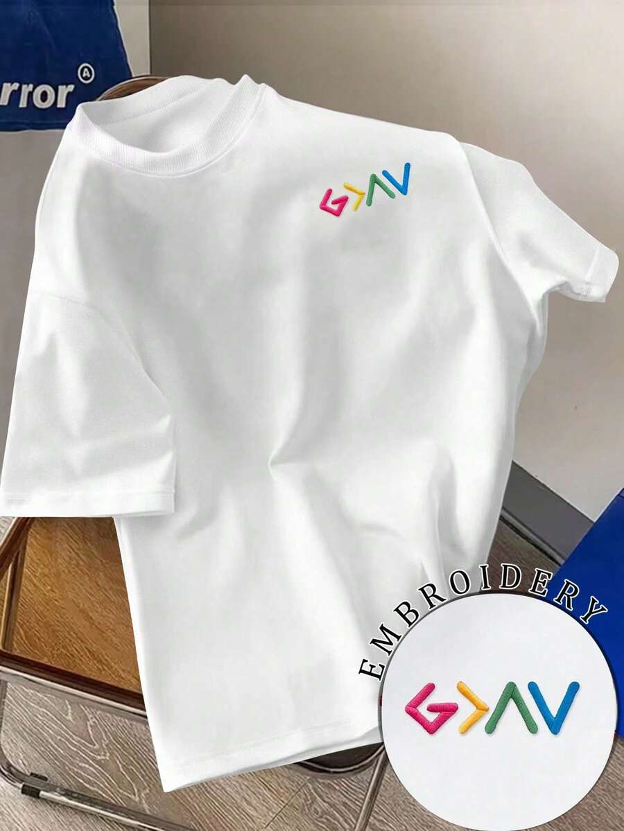 青少年男孩字母刺繡T恤,刺繡領口,時尚休閒短袖T恤,刺繡圓領T恤,夏季百搭日常首選 - 白色 - 查看 1