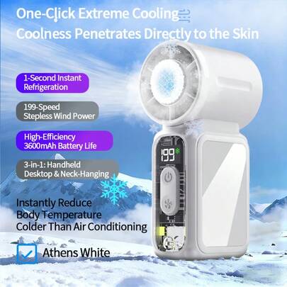 迷你口袋手持式涡轮风扇，带制冷功能，1-199档风速可调，内置3600mAh可充电电池，转速高达17000转/分钟，适合旅行、户外、居家及办公使用。