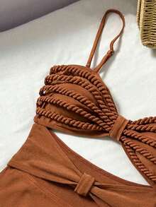 Women's High Waist One-Piece Swimsuit, Elegant Spaghetti Strap With Hollow Crochet Details, High Elasticity Vacation Beach - 摩卡棕 - 查看 8