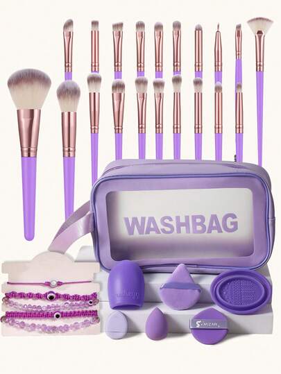 32PCS Makeup Tools Set Including:20PCS Makeup Brush Set+1pc Triangle Powder Puffs+1pc Air Cushion Powder Puff+1pc Mini Makeup Sponges+1pc Mini Air Cushion Powder Puffs+2PCS Makeup Brush Cleaning Tools+5PCS Bracelet+1pc Multi-Functional Zipper Toiletry And Cosmetic Bag Waterproof