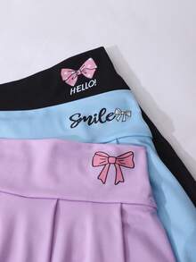 3pcs/Set Girls' Casual & School Bow Print Pleated Skort, Summer - Multicolor - View 4