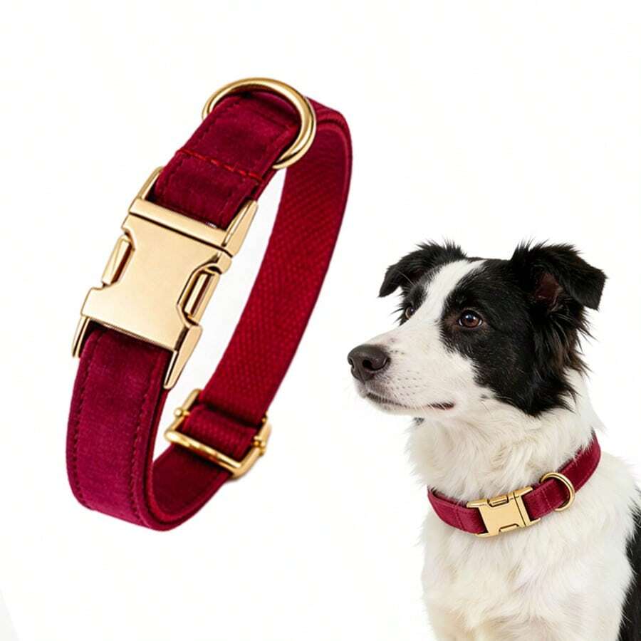 1pc Velvet Material Pet Dog Collar, Soft & Comfortable Adjustable Dog Collar With Metal D-Ring, Quick Release Safety Buckle, Suitable For Small To Medium To Large Dogs, Fashionable Pet Dog Collar - Red - View 1
