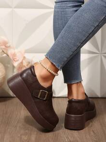 Teenage Girls' Retro Leather Platform Loafers, Buckle Wedge Casual Shoes, Comfortable Versatile Daily Wear - Brown - View 5