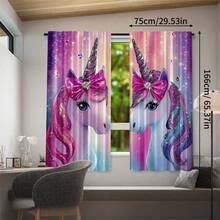 2pcs Pink Unicorn Pattern Semi-Blackout Curtains, No Drill Rod Design, Rod Pocket Hanging, Classic Style For Living Room, Kitchen, Home Decor, Room Divider, Made Of Polyester, Machine Washable - Multicolor - View 5