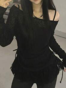 甜美蕾丝拼接露肩长袖T恤，夏季独特修身抽绳背心两件套休闲黑色 - 黑色 - 查看 3