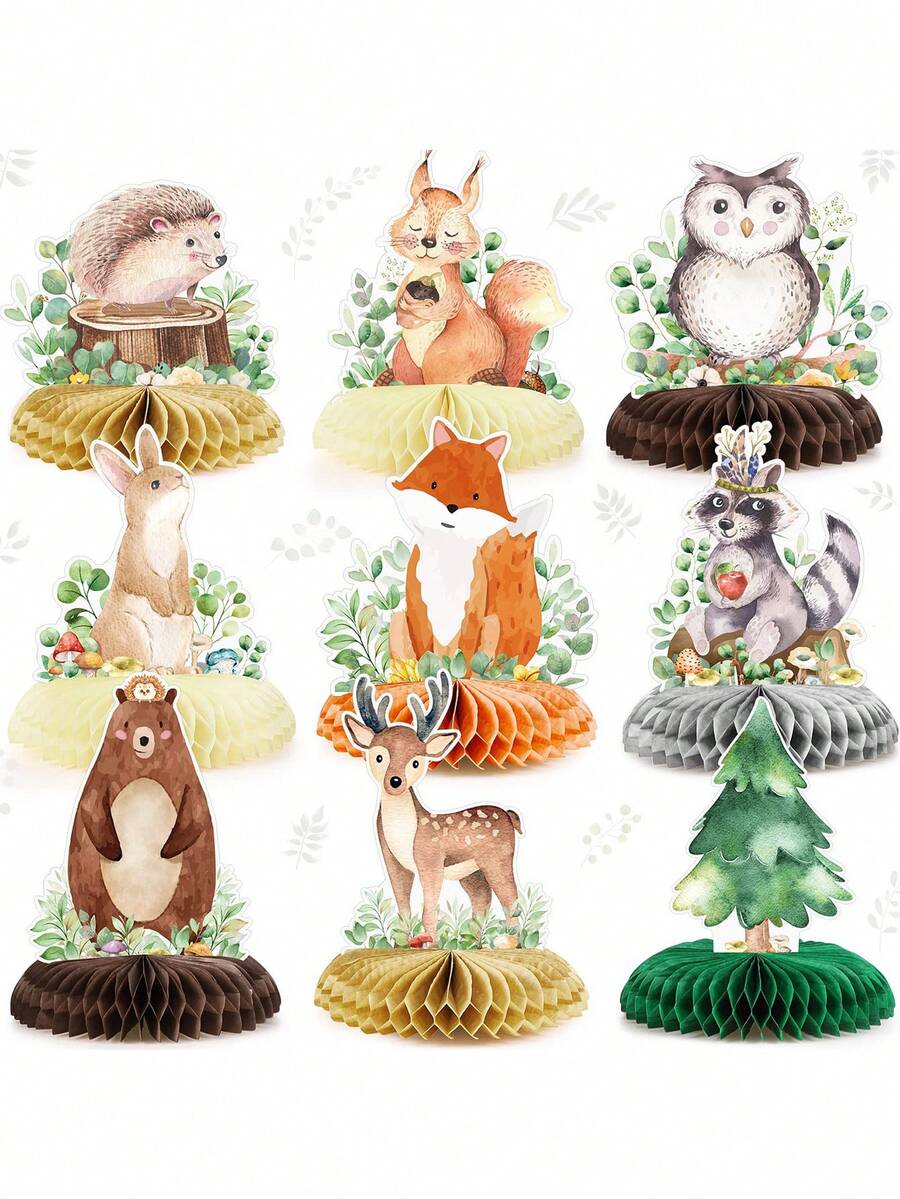 9pcs Forest Animal Honeycomb Desktop Decor | 3D Desktop Decoration | Suitable For Light Green Theme Decor, Girls & Boys Birthday Party, Camping, Baby Shower, Children's Day, Gender Reveal Party, Baby Party, Animal Theme Party And Other Party Decorations; Also Suitable As Photography Props. - Multicolor - View 1