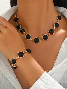 Set de joyería de 2 piezas con collar y pulsera vintage geométricos redondos con incrustaciones de acrílico negro, adecuado para uso diario, fiestas y vacaciones - Multicolor - Ver 5