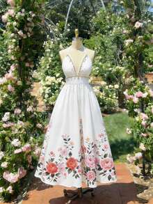 Đầm cổ yếm xếp ly họa tiết hoa đính sequin hình vỏ sò thời trang cho kỳ nghỉ hè ở bãi biển. - trắng - Xem 10