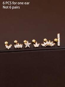Bộ 6 khuyên tai đính đá Zirconia hình hoa bằng thép không gỉ mạ vàng 18K dành cho nữ, thích hợp cho xỏ khuyên tai sụn tai, vành tai. - Bộ 6 món - Xem 12