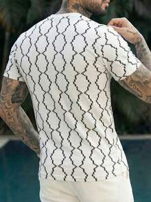 Áo thun cổ Henley nam màu đen trắng in họa tiết hình học lượn sóng, kiểu dáng thường ngày, thoải mái khi đi làm. - trắng - Xem 2