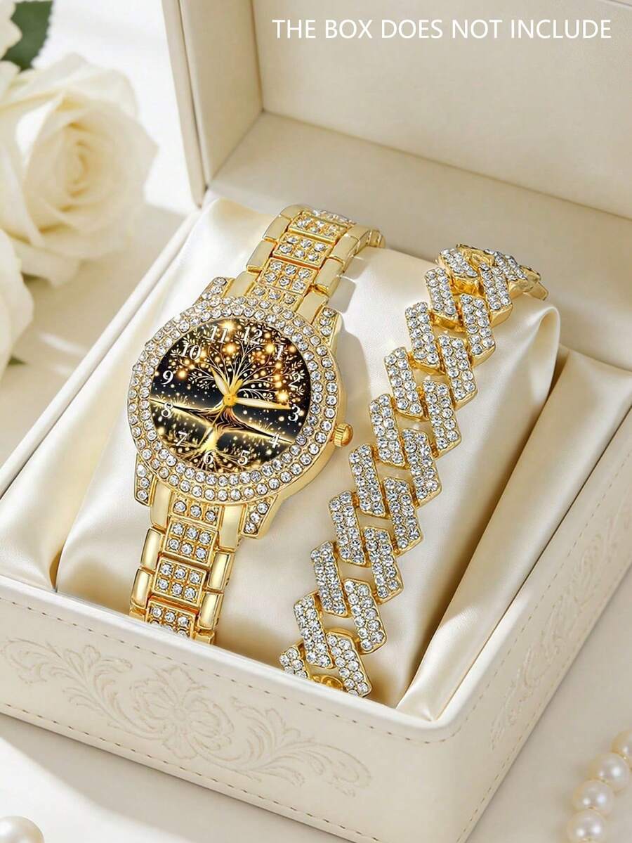 Bộ 2 đồng hồ nữ thạch anh sang trọng, cao cấp, bao gồm đồng hồ thạch anh nữ mặt số chữ số Ả Rập hình cây sự sống và dây đeo đính pha lê toàn phần. - Vàng - Xem 1