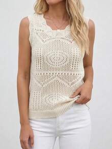 BuyK [Áo trên] Áo khoác ngoài không tay dệt kim khoét lỗ dành cho nữ, cổ và viền tua rua, áo tank top kiểu dáng thường ngày, nhẹ, thoáng khí, phong cách bohemian mùa hè, màu kem/ngà voi, thích hợp mặc đi biển. - Màu be - Xem 4