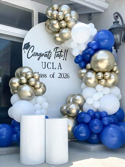 102 piezas Conjunto de arco de globos de graduación, incluye globos de látex dorados, azules y blancos, globos de arco, adecuado para decoración de graduación, fiesta de graduación, celebración, eventos escolares y decoración del campus, decoración interior, Fiesta de graduación de la clase de 2026