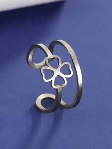 1pc Minimalist Stainless Steel Heart & Clover Adjustable Ring, Fashionable Cute Gift For Girls, Personalized Memento - Simple Series - View 3