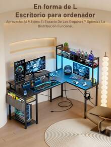 L-Shaped Gaming Desk With Shelves - 48-Inch Corner Computer Desk With Storage Shelf, Reversible Pegboard, LED Lights, Power Outlets, PC Monitor Stand For Bedroom, Black - Black - View 2