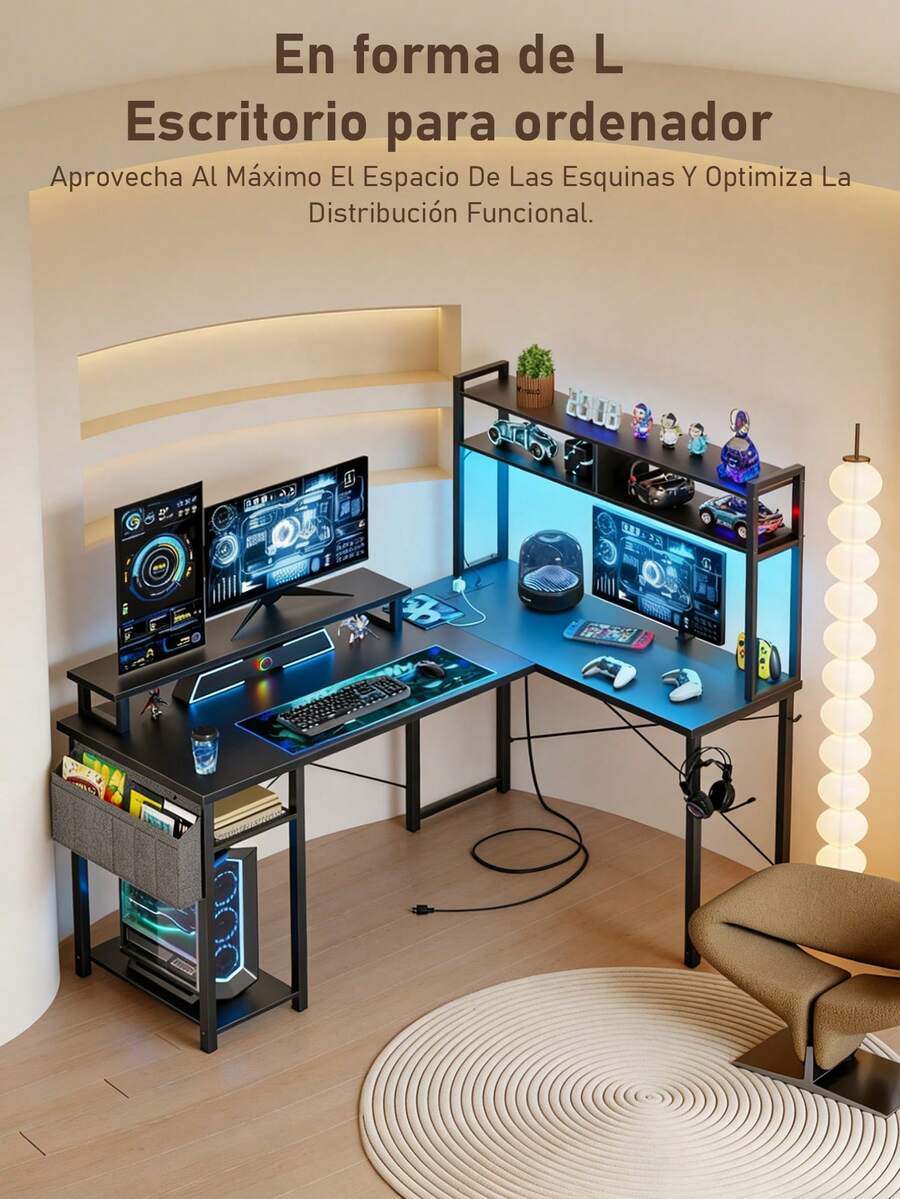L-Shaped Gaming Desk With Shelves - 48-Inch Corner Computer Desk With Storage Shelf, Reversible Pegboard, LED Lights, Power Outlets, PC Monitor Stand For Bedroom, Black