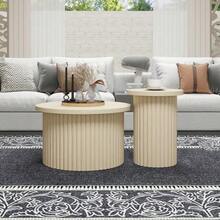 Set Of Two Round Coffee Tables With A Natural Wood Grain Look And Wavy Structure With An Integrated Side Table, Ideal For The Living Room, Bedroom, Study Or Office. - Beige - View 1