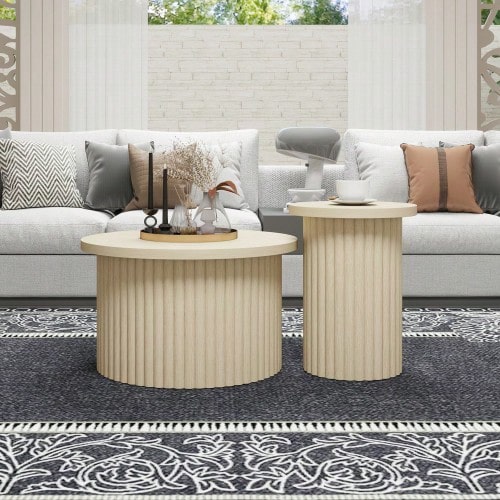 Set Of Two Round Coffee Tables With A Natural Wood Grain Look And Wavy Structure With An Integrated Side Table, Ideal For The Living Room, Bedroom, Study Or Office. - Beige - View 1