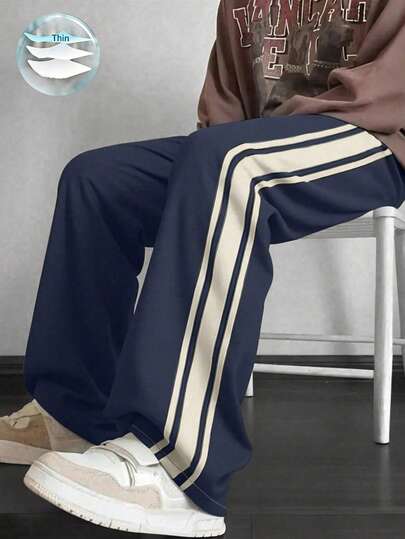 1 件男士宽松休闲运动裤，夏季海滩度假运动裤，日常通勤，户外运动，训练，跑步，徒步旅行，宽松版型，时尚街头服饰，直筒条纹侧裤，秋季