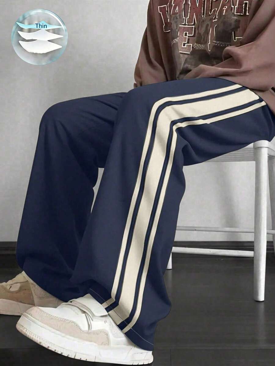 夏季輕量條紋直筒休閒運動長褲,男士寬鬆戶外通勤百搭休閒長褲 - 寶藍色 - 查看 1