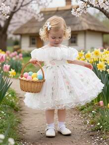 女婴无袖碎花网纱可爱花童礼服，适合一周岁生日派对、外出等场合，不含头饰 - 白色 - 查看 6