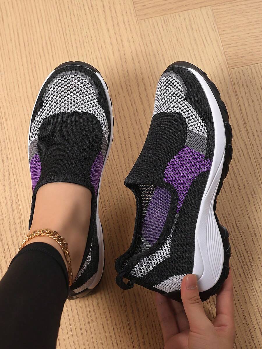 Giày thể thao nữ dệt kim nhiều màu sắc, kiểu dáng slip-on, đệm khí, giảm sốc, thoáng khí, thoải mái, nhẹ, đa năng, thích hợp đi bộ, chạy bộ ngoài trời. - Màu tím - Xem 1