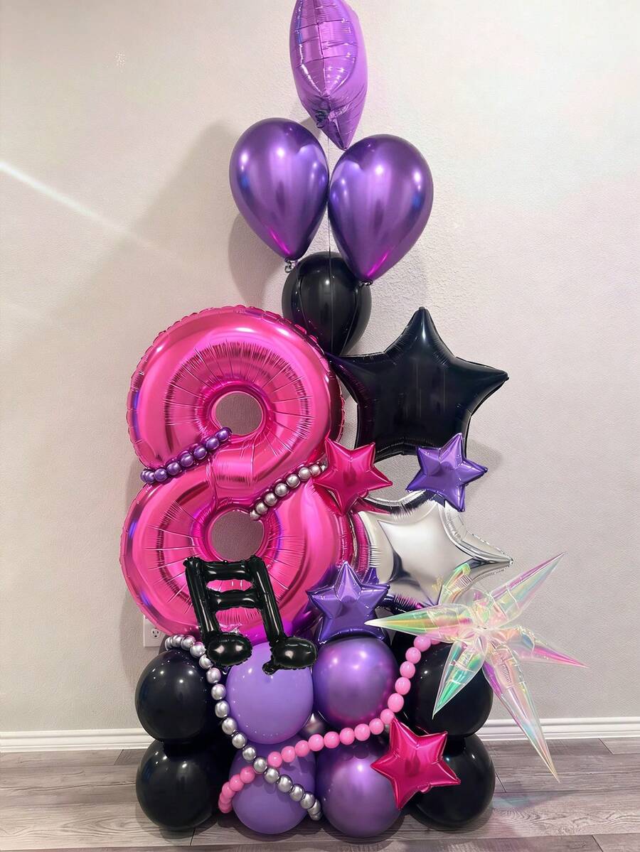 35pcs Number & Music Note Balloon Column Set, Includes Numbers, Stars, Water Drops, Music Notes, Latex Balloons, Suitable For Disco Theme Party, Birthday, Wedding, Music Competition, Role Play, Hip Hop Theme, 80s 90s Party Decoration - Multicolor - View 1