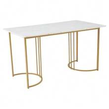 Dining Table 140 X 80 Cm (1 Piece), Modern Kitchen Table, Metal Frame, Rectangular Dining Table With Modern Marble Pattern, Kitchen Table With Adjustable Legs For Dining Room/Living Room, White/Gold - White - View 6